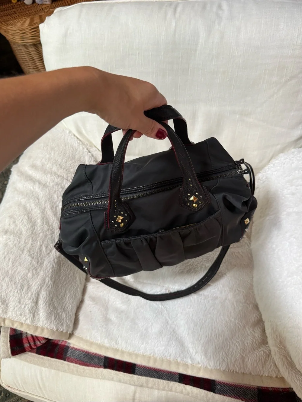 MZ Wallace Vintage Bedford Nylon Studded Satchel Crossbody Bag - Black